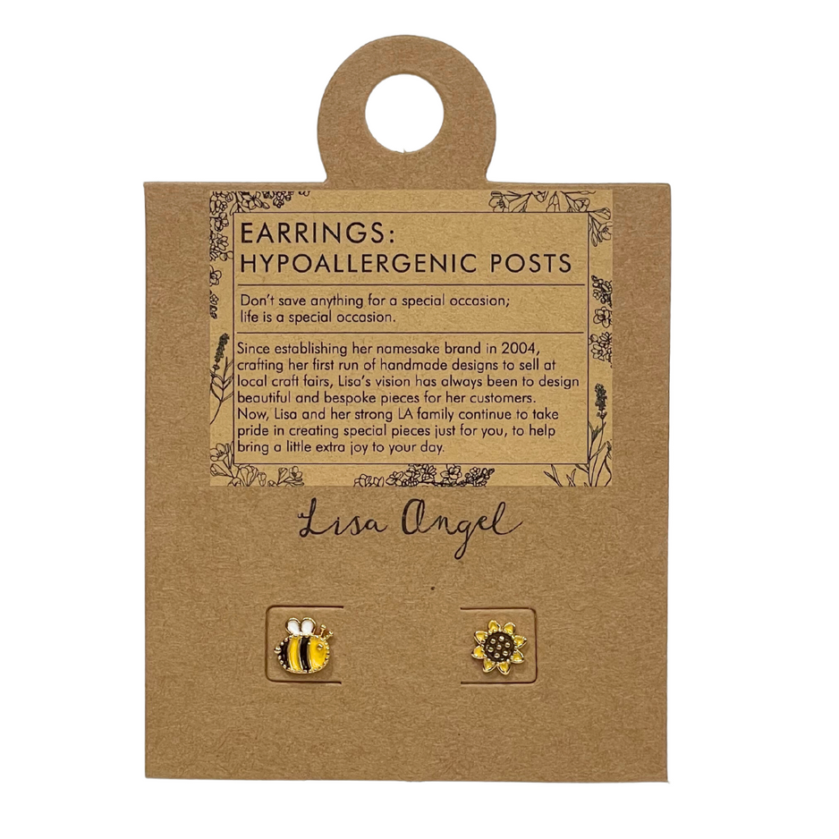 Earrings - Gold Studs - Enamel Bee & Flower