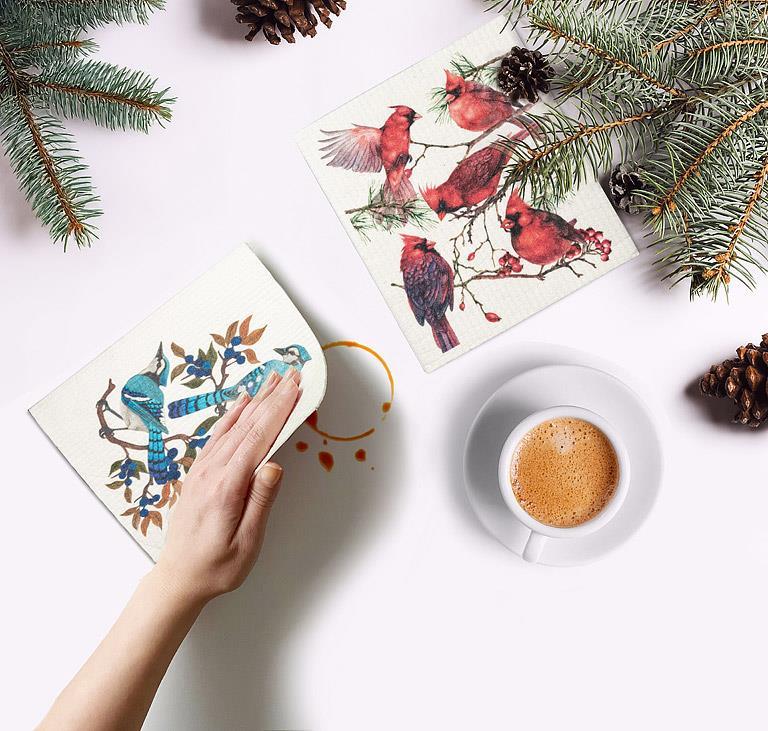 Swedish Dishcloth - Blue Jays & Berries