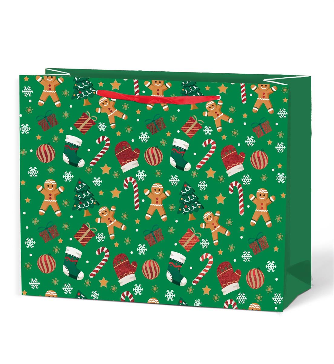 Large Gift Bag - Green Xmas Icons - 12"