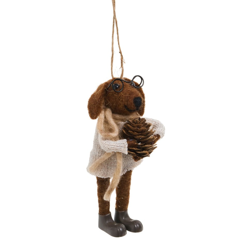 Ornament - Felt - Dog with Pine Cone