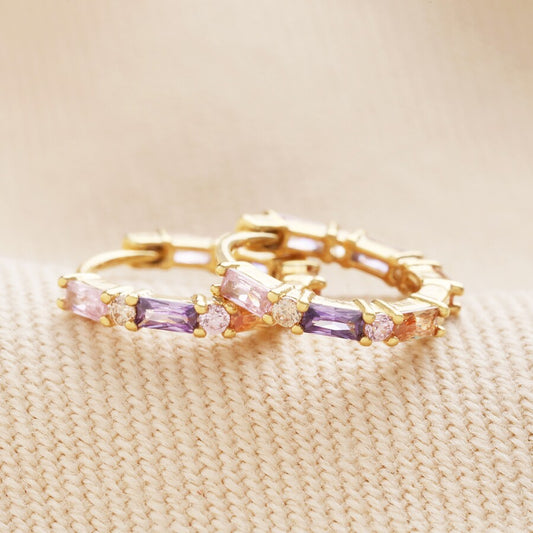 Earrings - Gold Huggies - Purple Baguette