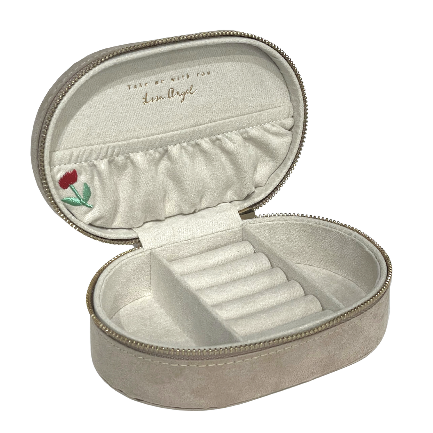 Travel Jewelry Case - Oval - Embroidered Beige