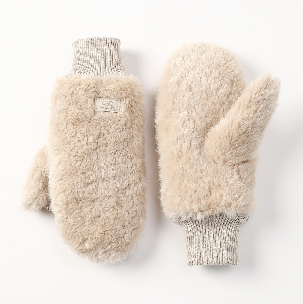 Mittens - Faux Fur Plush - Ribbed Cuff - Cream