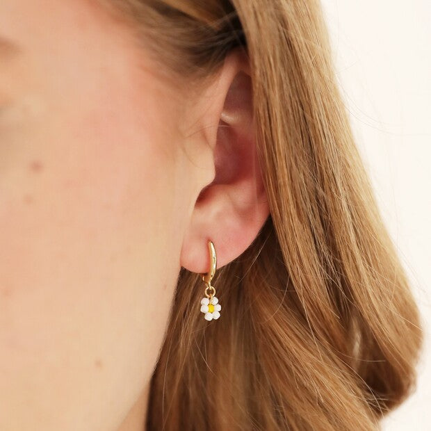 Earrings - Gold Huggies - Beaded Daisies