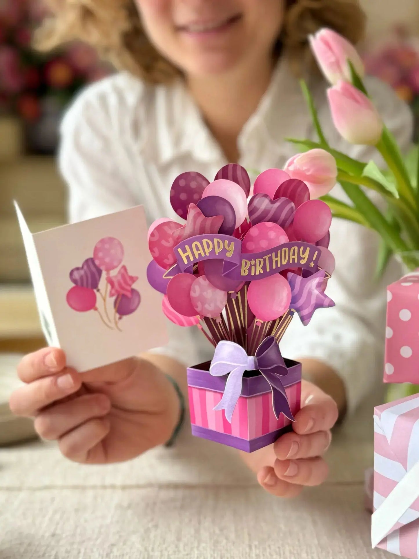 Mini Pop Up Card - Birthday Balloons Pink - 6"