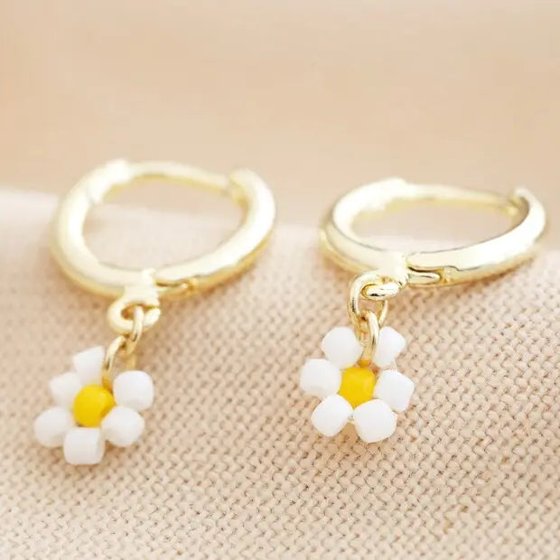 Earrings - Gold Huggies - Beaded Daisies