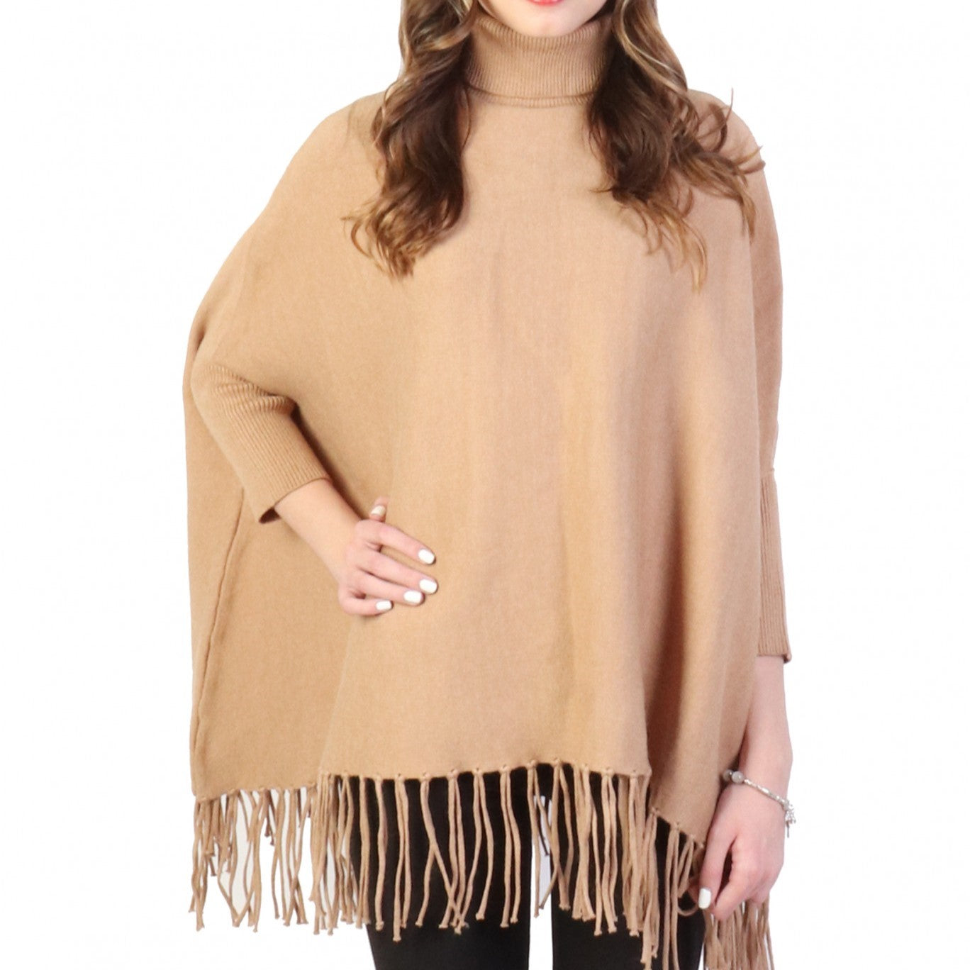 Poncho - Sleeved Turtleneck - Taupe