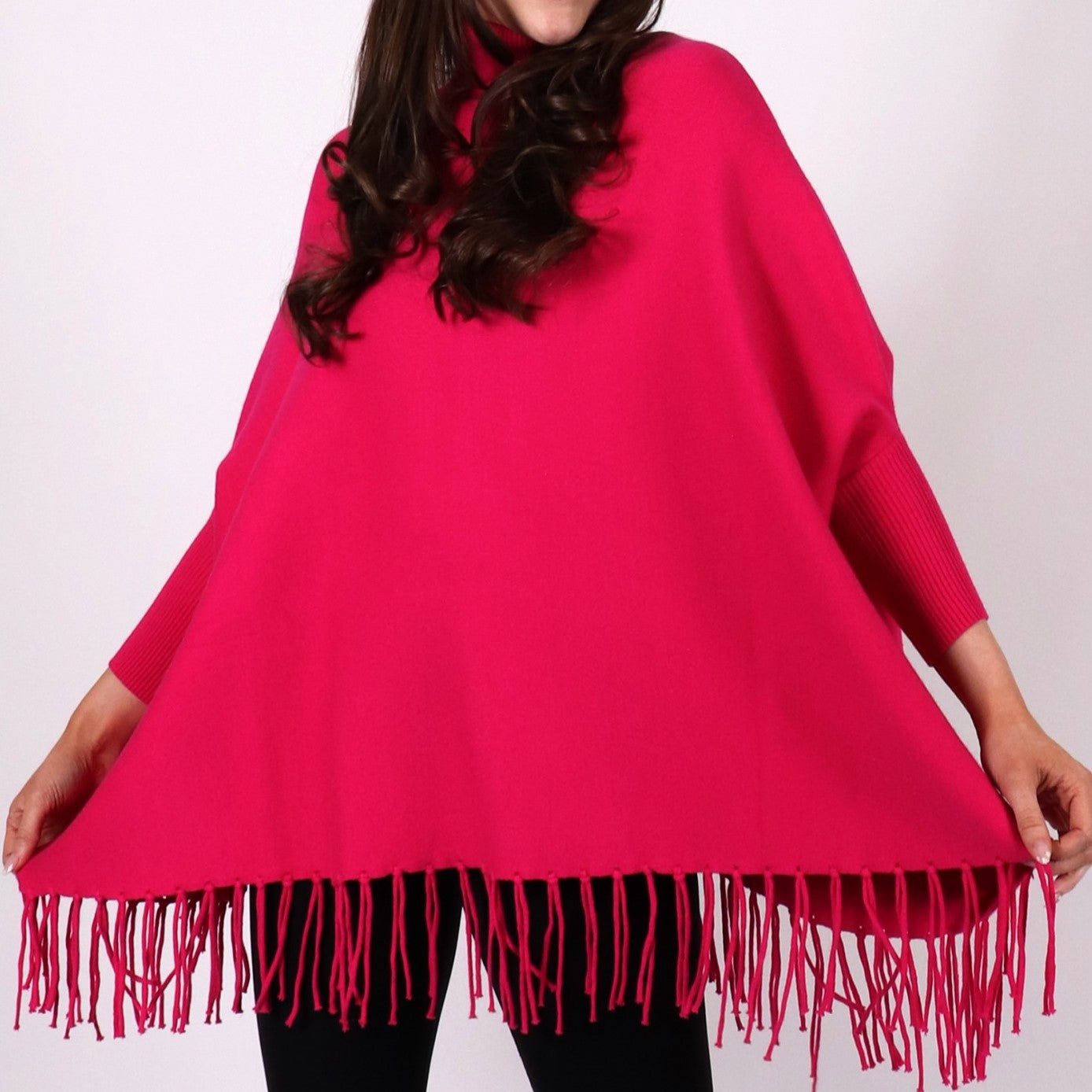 Poncho - Sleeved Turtleneck - Fuschia