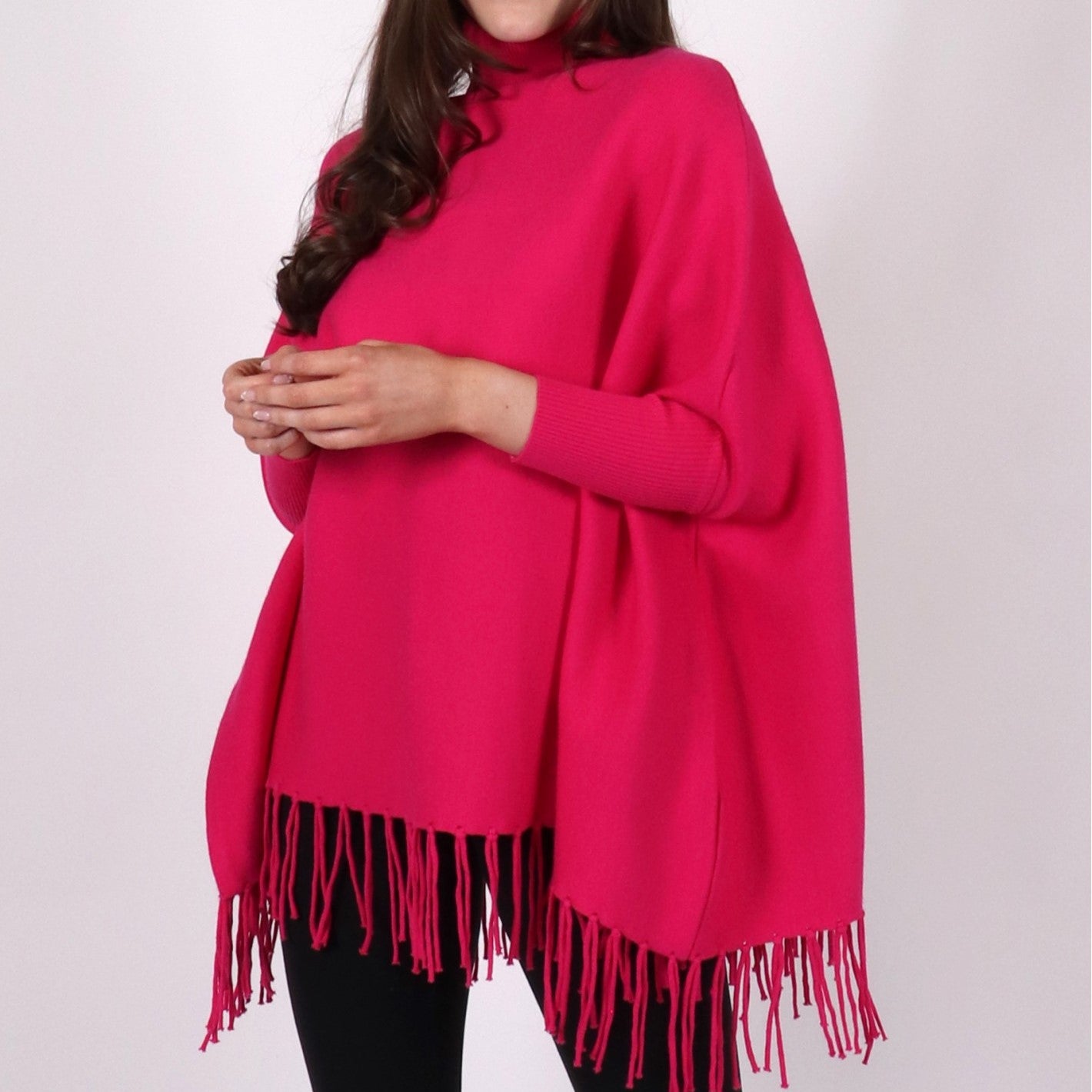 Poncho - Sleeved Turtleneck - Fuschia