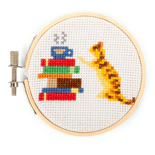 Mini Cross Stitch Embroidery Kit - Cat & Books