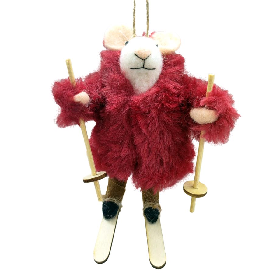 Ornament - Felt Mouse - Red Fur Coat Skier