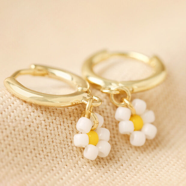 Earrings - Gold Huggies - Beaded Daisies