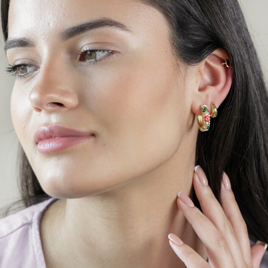 Earrings - Gold Cloisonné Hoops - Pink Flowers