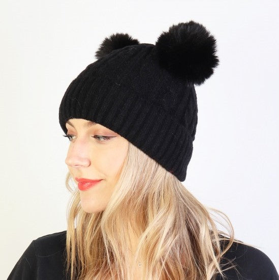 Knitted Toque - Double Pom - Black