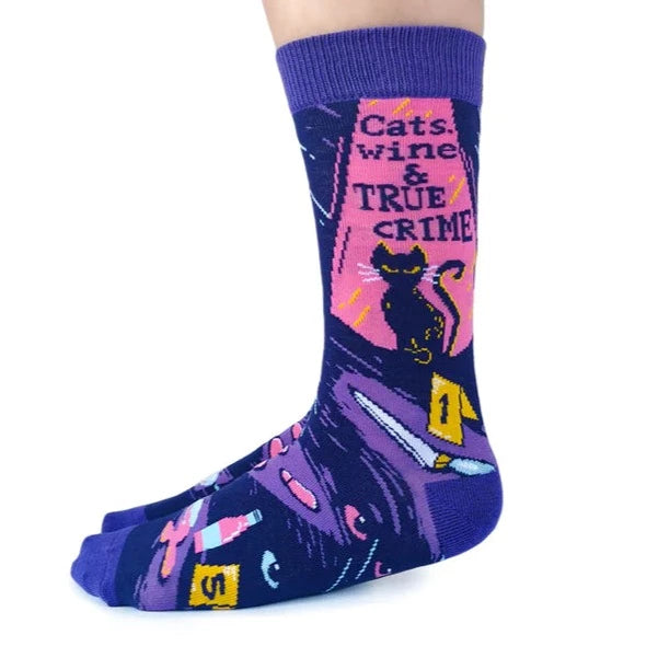 Socks - Women's Crew - Cats, Wine & True Crime