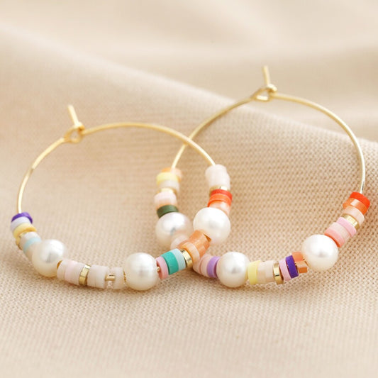 Earrings - Gold Hoops - Bead & Pearl