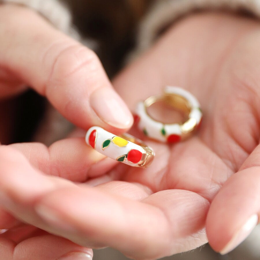 Earrings - Gold Hoops - Fruit Enamel
