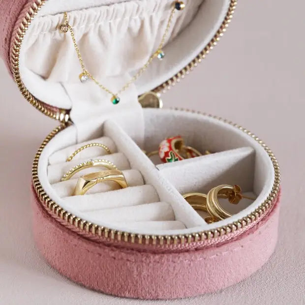 Travel Jewelry Case - Round Pink Velvet