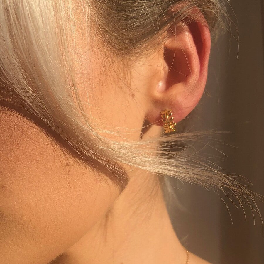 Earrings - Gold Huggies - Fern Leafs