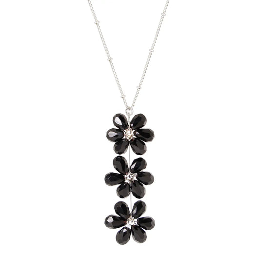 Necklace - Black Austrian Crystal Flowers - Silver