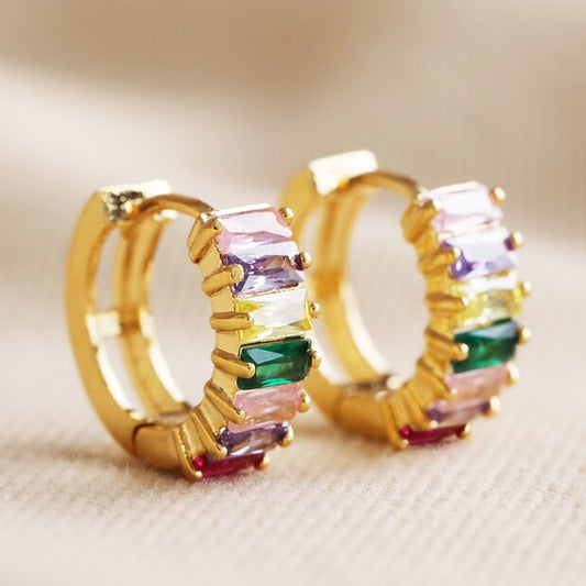 Earrings - Gold Huggies - Colourful Baguette
