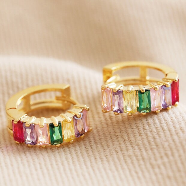 Earrings - Gold Huggies - Colourful Baguette