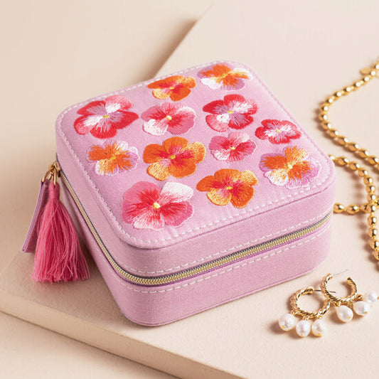 Travel Jewelry Case - Square - Flower Embroidered