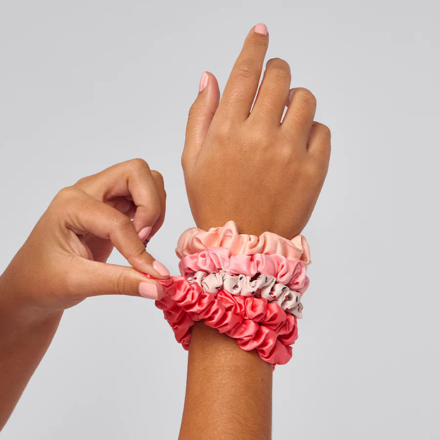 Ruched Satin Scrunchies - Cherry Blossom - Set of 5