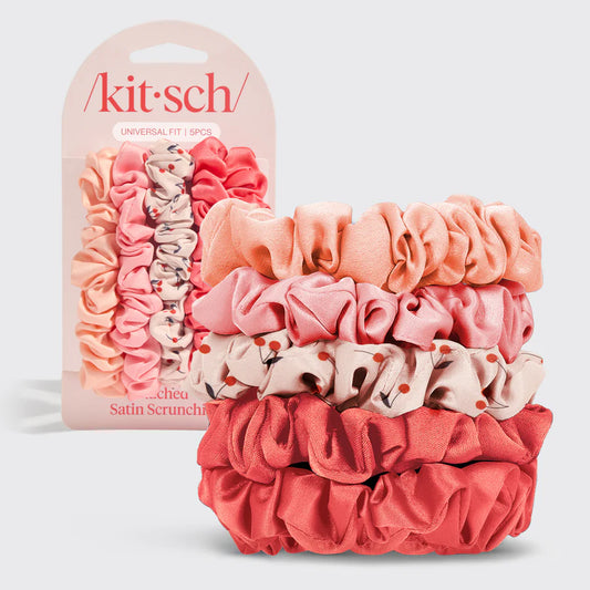 Ruched Satin Scrunchies - Cherry Blossom - Set of 5