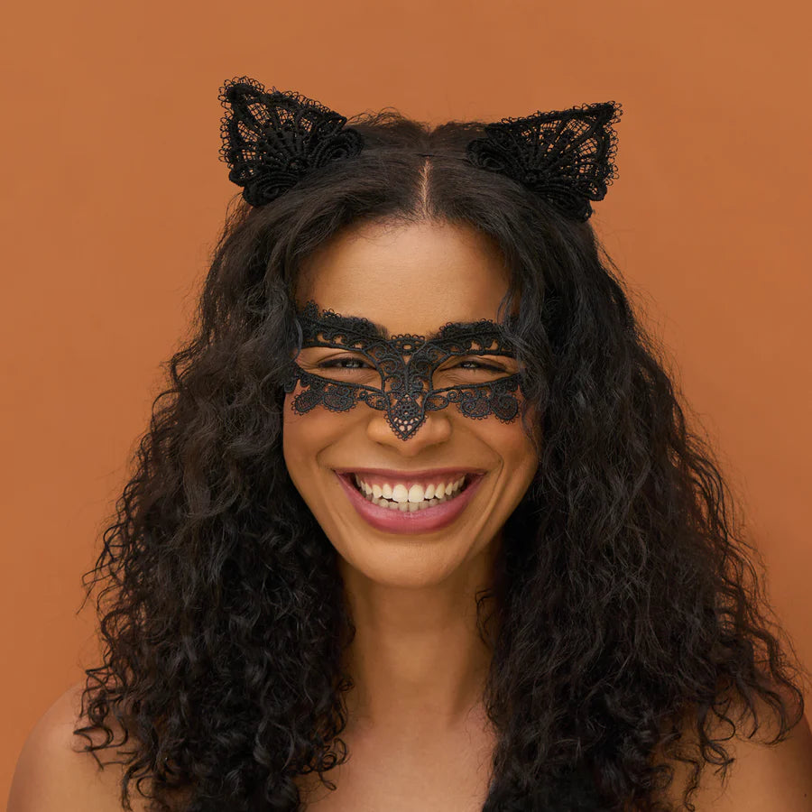 Headband & Mask Set - Lace Cat Ears - Black