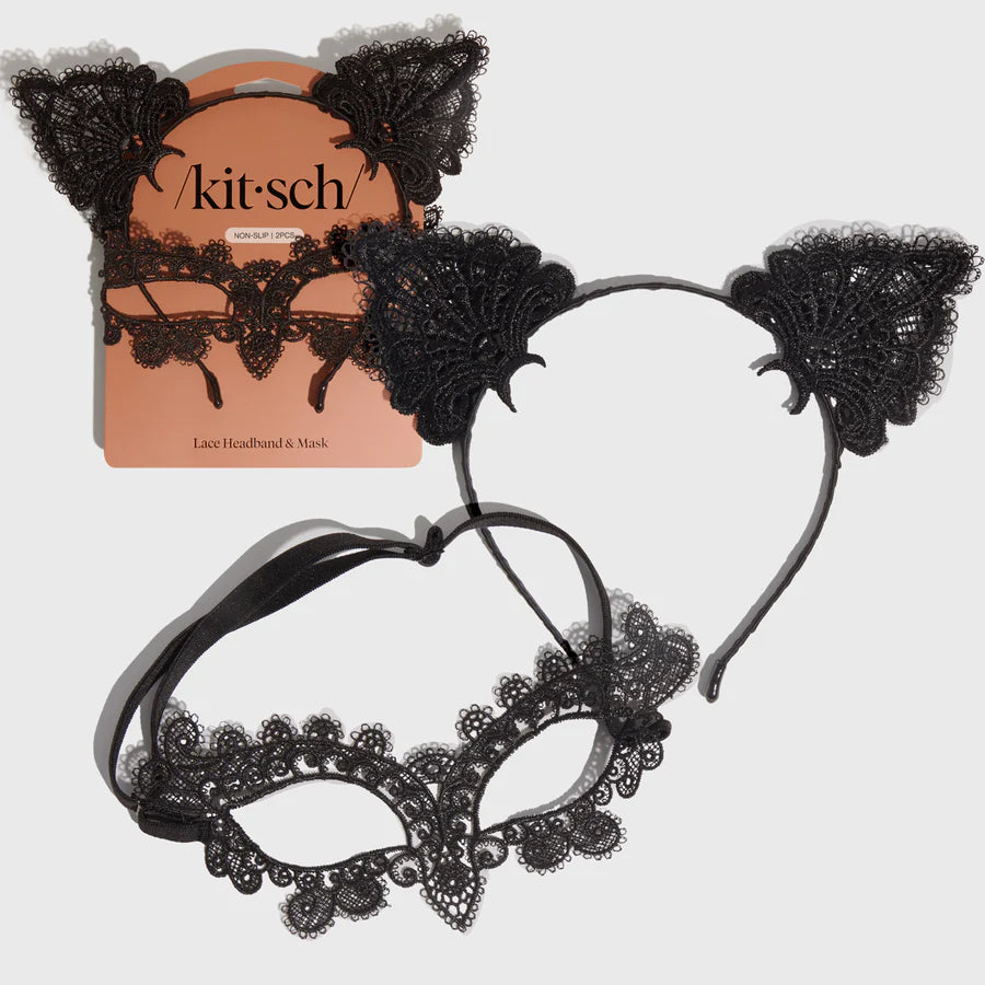 Headband & Mask Set - Lace Cat Ears - Black