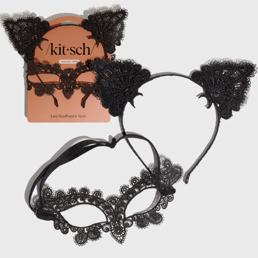 Headband & Mask Set - Lace Cat Ears - Black