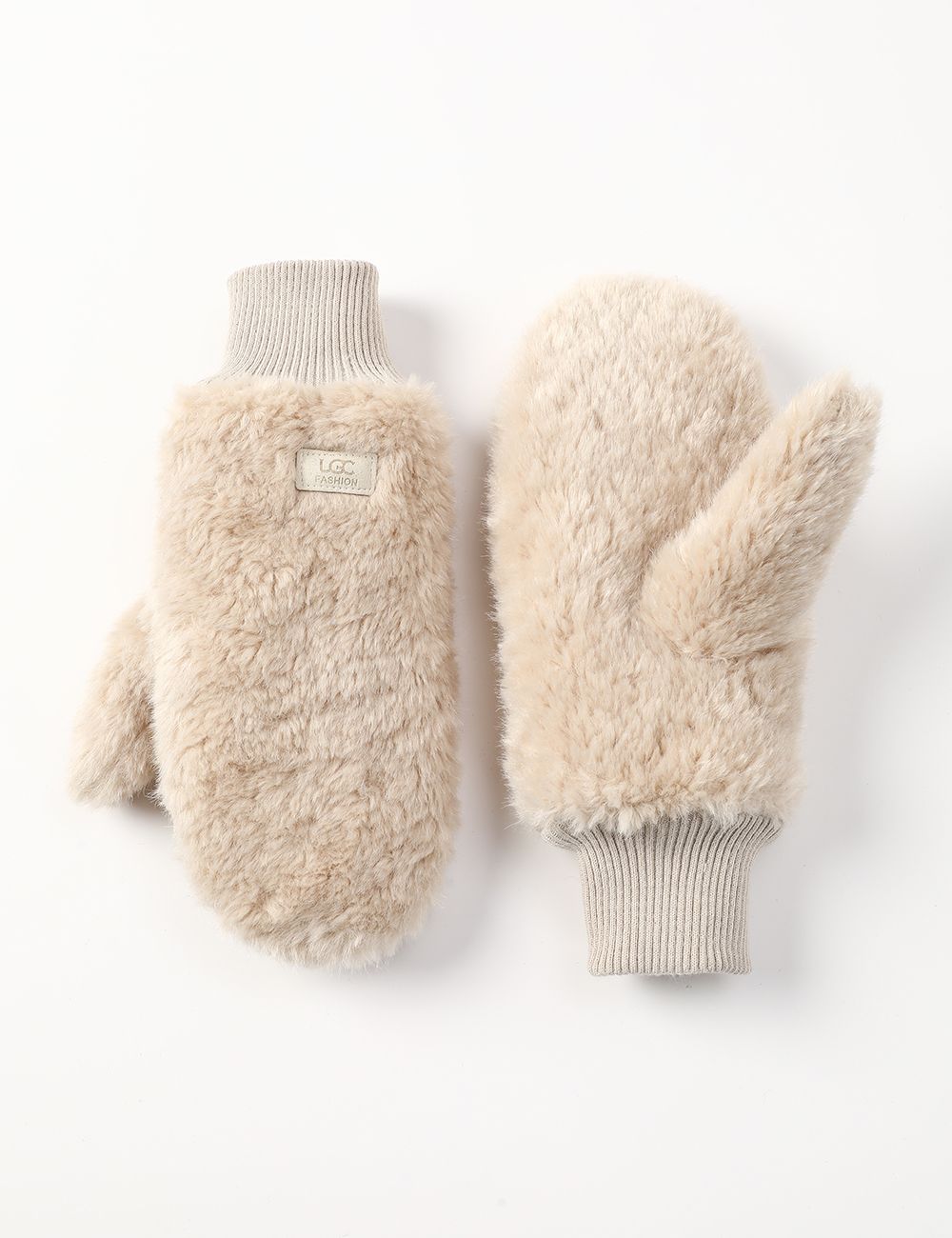 Mittens - Faux Fur Plush - Ribbed Cuff - Cream