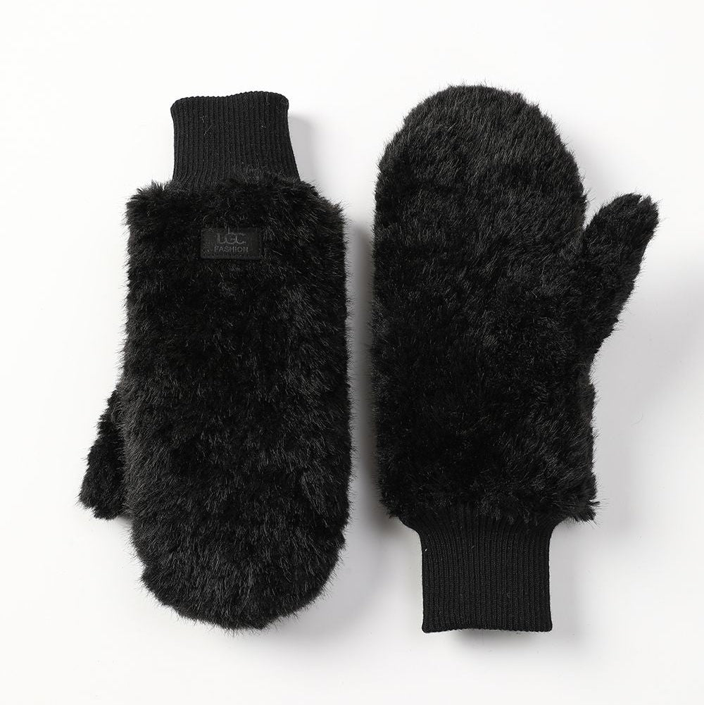 Mittens - Faux Fur Plush - Ribbed Cuff - Black