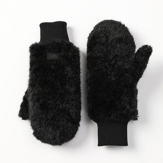 Mittens - Faux Fur Plush - Ribbed Cuff - Black