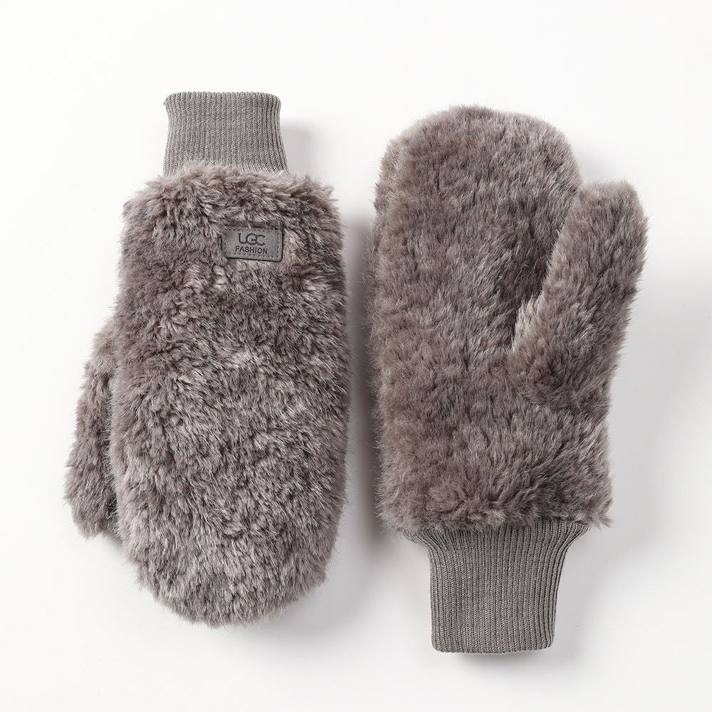 Mittens - Faux Fur Plush - Ribbed Cuff - Grey