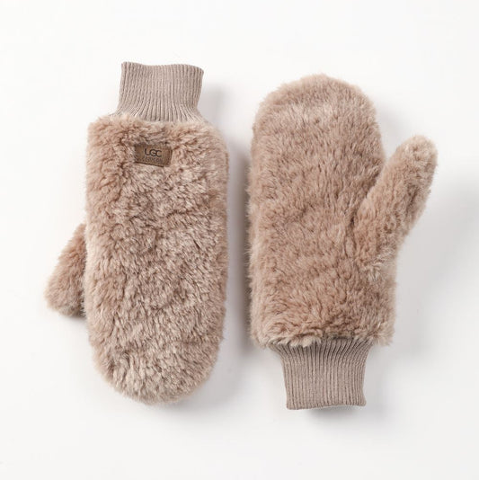 Mittens - Faux Fur Plush - Ribbed Cuff - Taupe