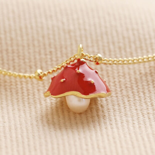 Necklace - Mushroom Toadstool - Pearl Gold