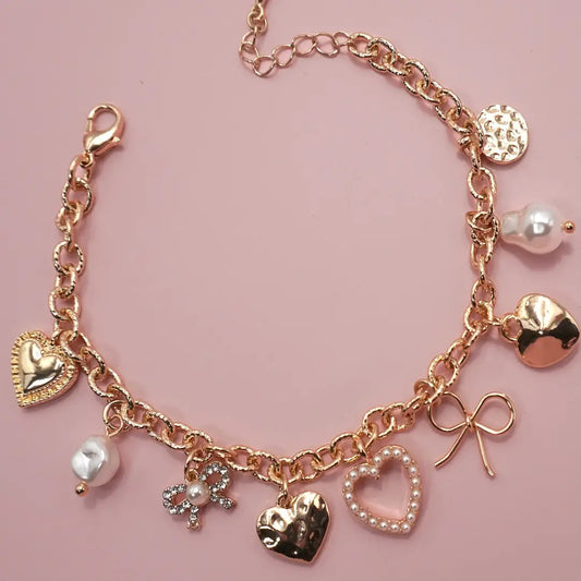 Bracelet - Charm - Bow Heart Pearl