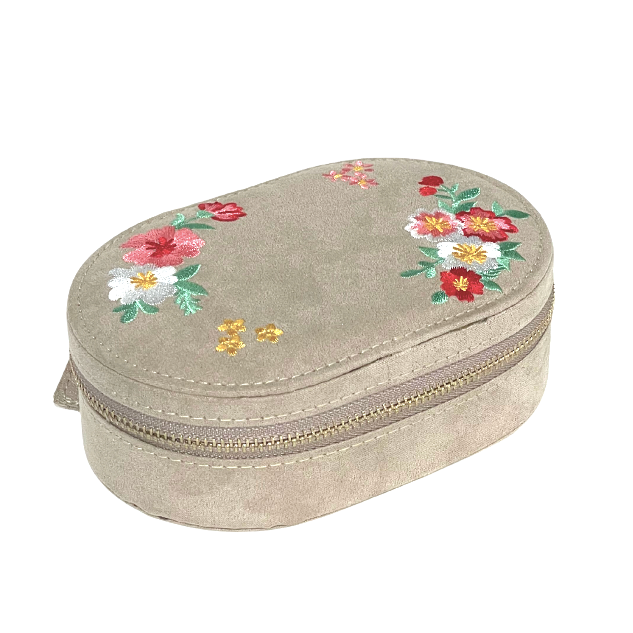 Travel Jewelry Case - Oval - Embroidered Beige