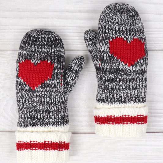 Mittens - Heart Knit - Grey Stripe