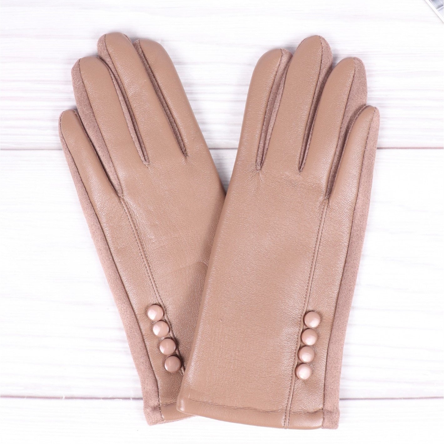 Gloves - Stitched Button - Beige