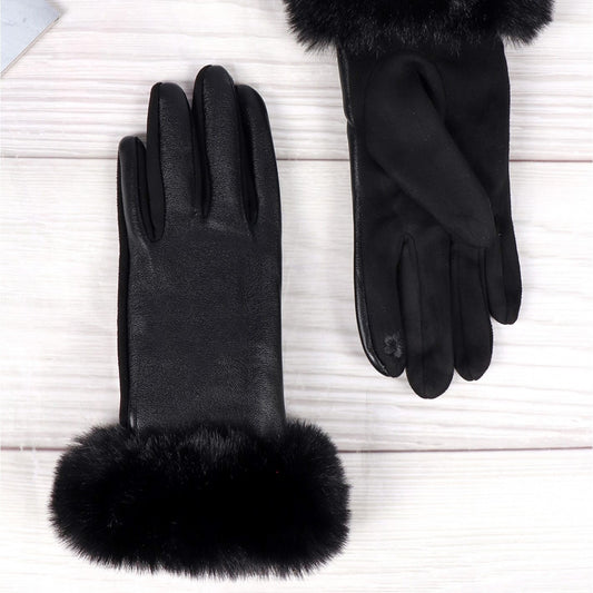 Gloves - Faux Fur Trim - Black