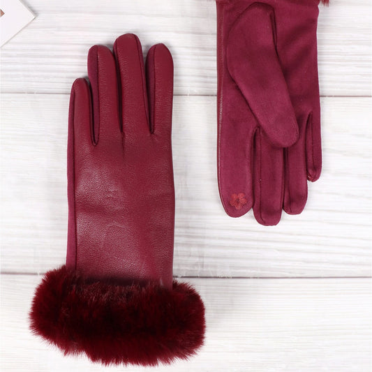 Gloves - Faux Fur Trim - Burgundy