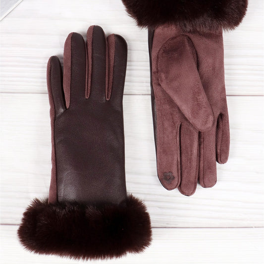 Gloves - Faux Fur Trim - Brown