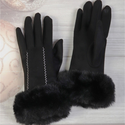 Gloves - Fur Trim Stitch - Black