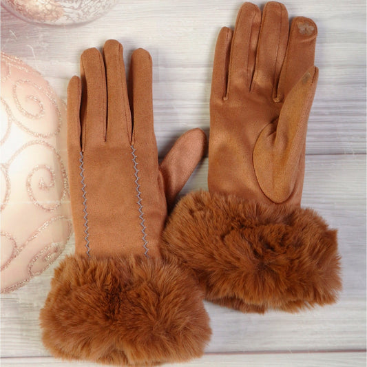 Gloves - Fur Trim Stitch - Khaki