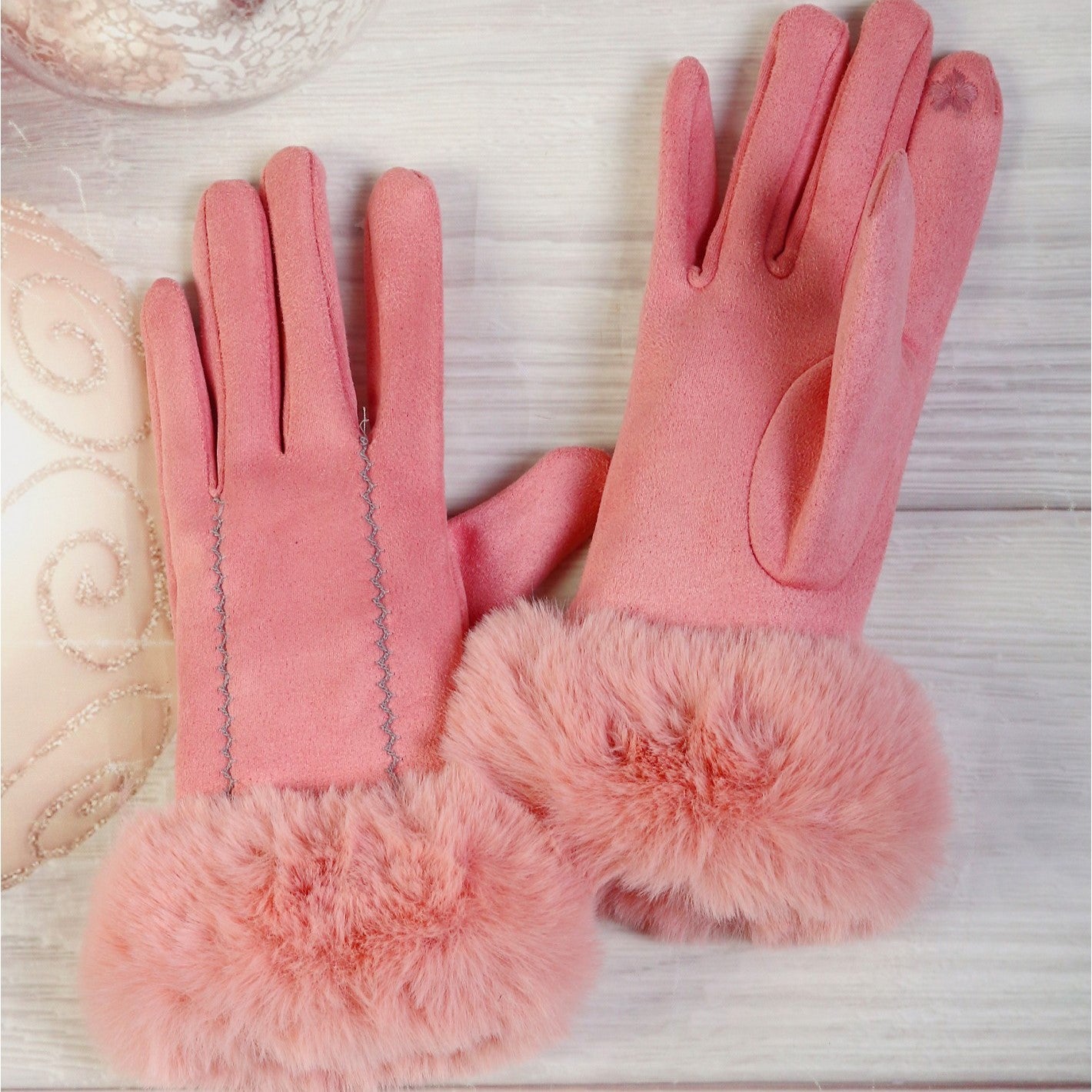 Gloves - Fur Trim Stitch - Pink
