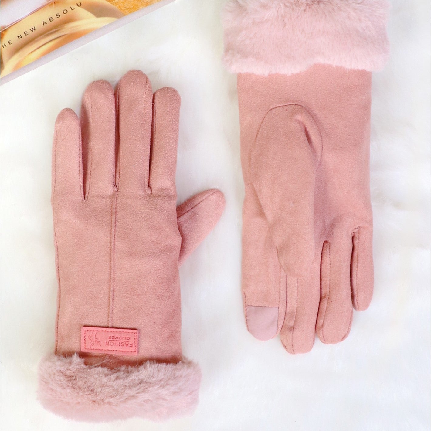 Gloves - Suede Faux Fur - Pink