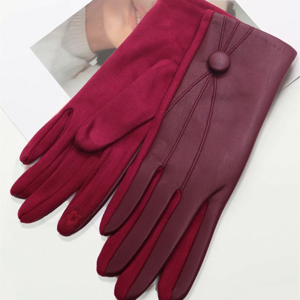 Gloves - Button - Burgundy